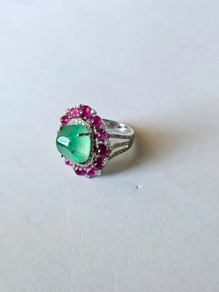 18k White Gold Diamond Cocktail Ring - Natural Colombian Emerald & Ruby Statement Ring