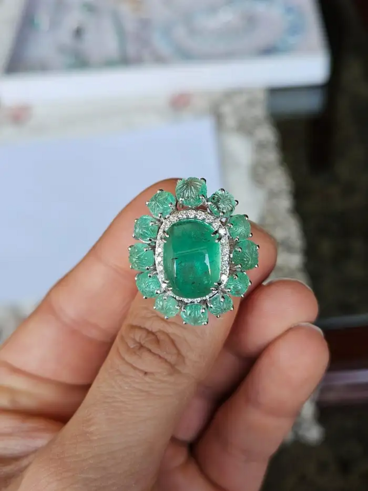 Natural Colombian Emerald Dome Ring - 18k White Gold Diamond Cocktail Ring - Wedding Gift