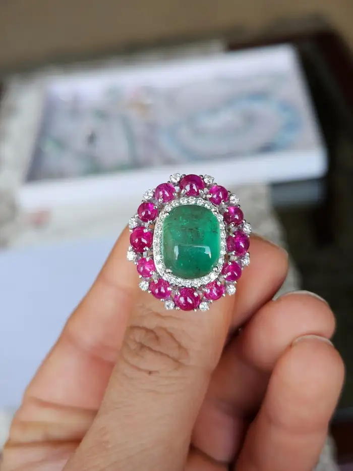 18k White Gold Diamond Cocktail Ring - Natural Colombian Emerald & Ruby Statement Ring