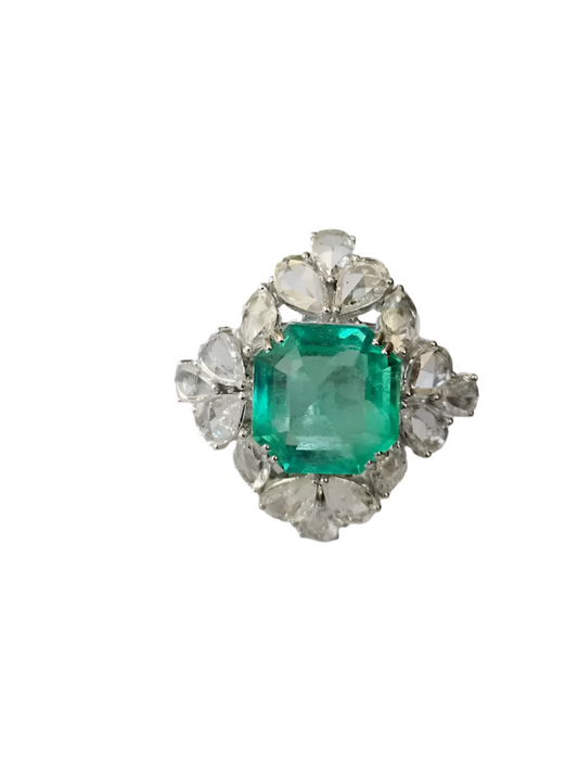 9.22 Ct. Colombian Emerald Engagement Ring - Natural Rose Cut Diamond Wedding Ring