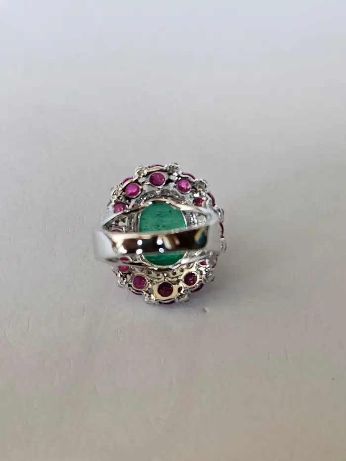 18k White Gold Diamond Cocktail Ring - Natural Colombian Emerald & Ruby Statement Ring