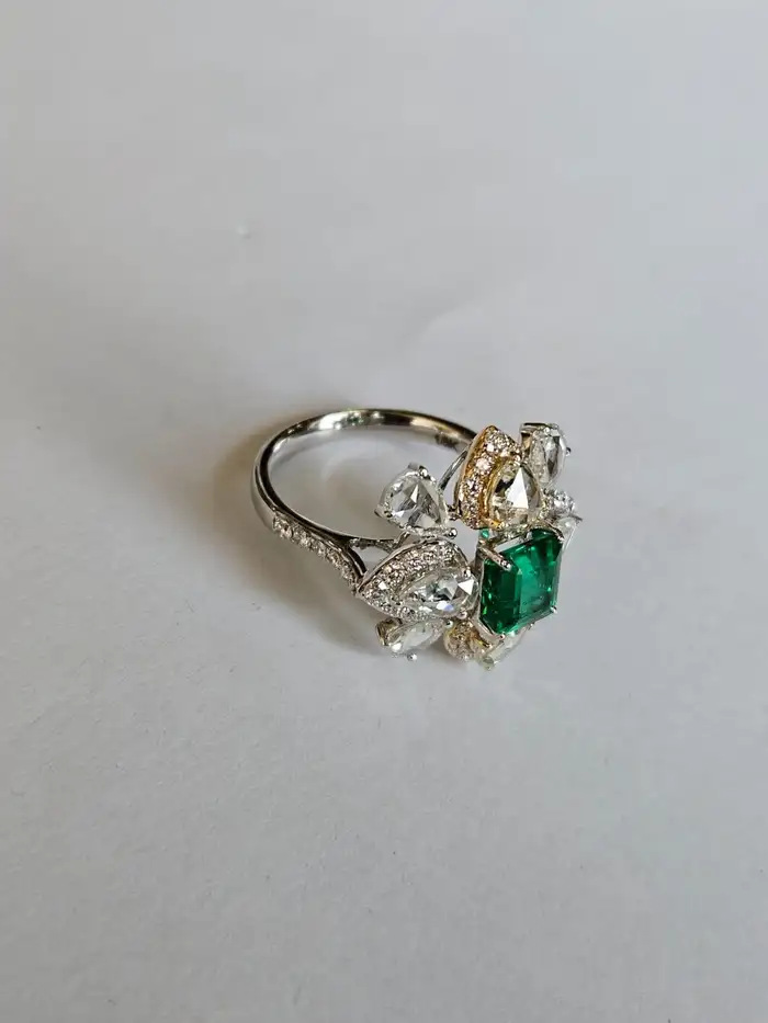 Natural Rose Cut Diamond Cocktail Ring - 18k White Gold Zambian Emerald Wedding Ring