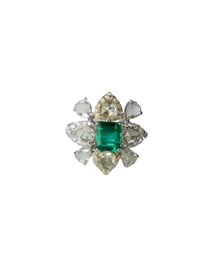 Natural Rose Cut Diamond Cocktail Ring - 18k White Gold Zambian Emerald Wedding Ring