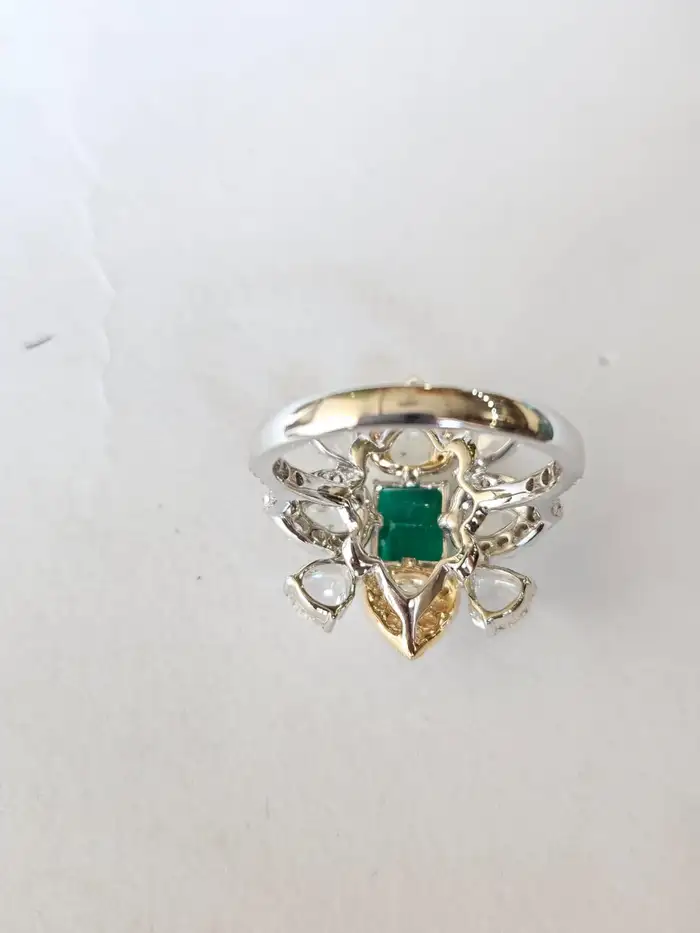 Natural Rose Cut Diamond Cocktail Ring - 18k White Gold Zambian Emerald Wedding Ring