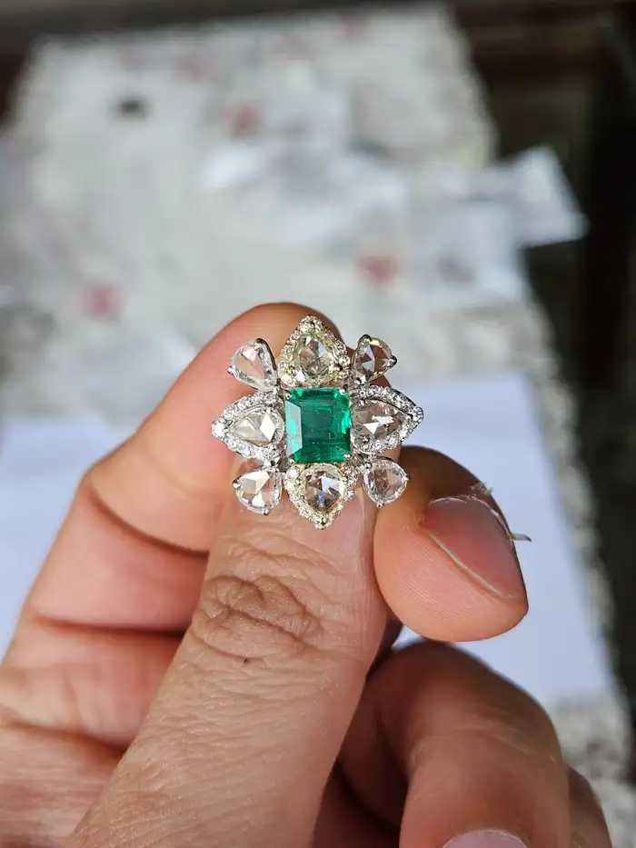 Natural Rose Cut Diamond Cocktail Ring - 18k White Gold Zambian Emerald Wedding Ring