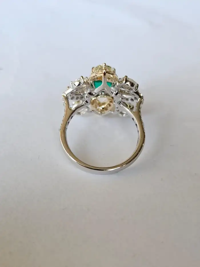 Natural Rose Cut Diamond Cocktail Ring - 18k White Gold Zambian Emerald Wedding Ring