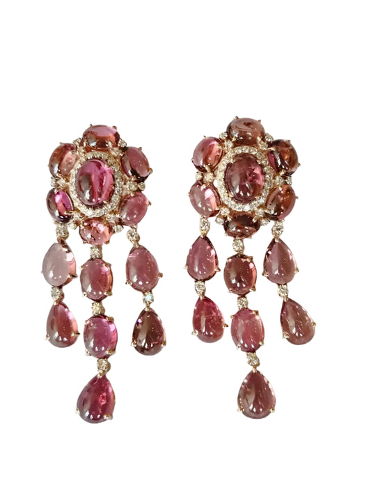 39.21 Ct. Cabochon Tourmaline Gemstone Dangle Earrings - 18k Rose Gold Diamond Wedding Earrings