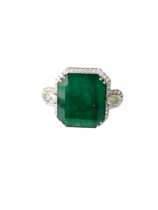 Natural 24.51 Ct. Zambian Emerald Engagement Ring - 18k White Gold Rose Cut Diamond Statement Ring