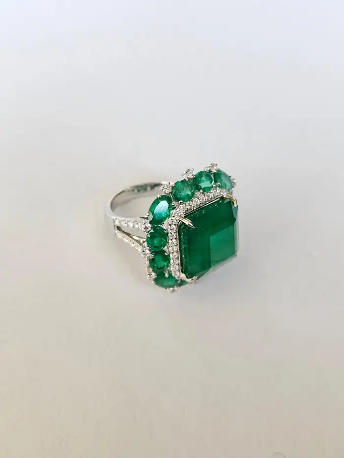 Natural Zambian Emerald & Diamond Wedding Anniversary Ring - 18k White Gold Handmade Women Ring