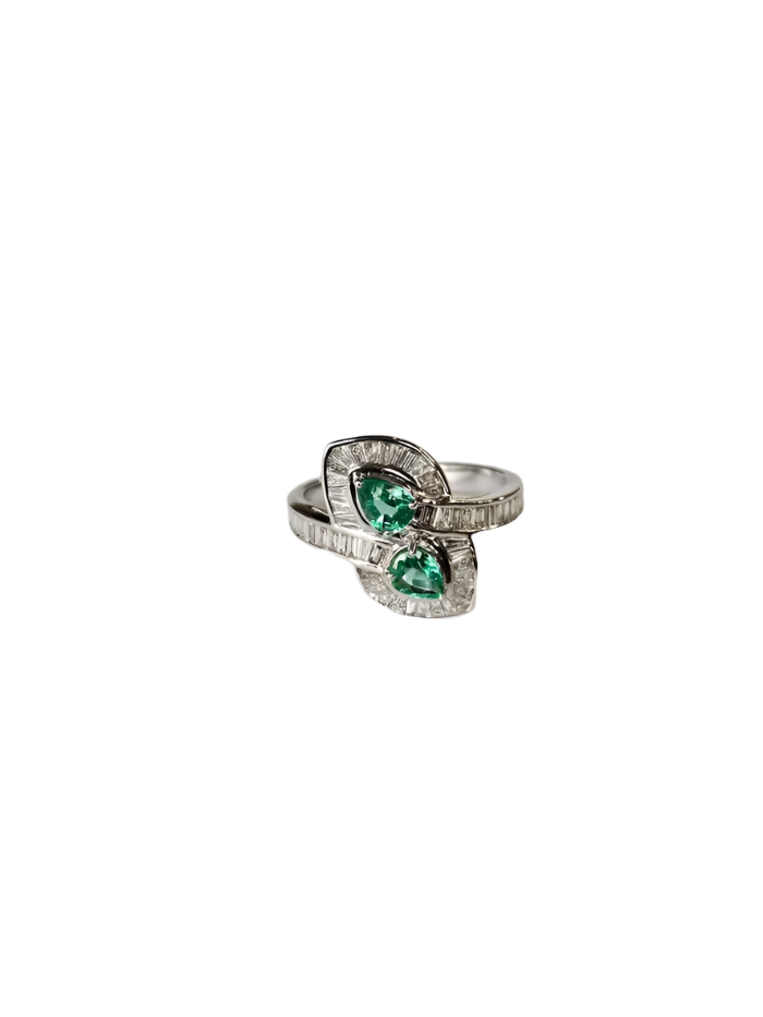 18k White Gold Tapered Baguette Diamonds Engagement Ring - Natural Pear Shape Zambian Emerald Wedding Ring