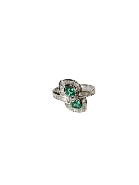 18k White Gold Tapered Baguette Diamonds Engagement Ring - Natural Pear Shape Zambian Emerald Wedding Ring
