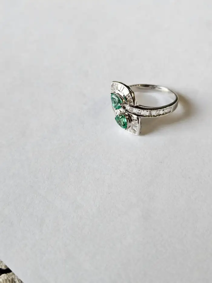 18k White Gold Tapered Baguette Diamonds Engagement Ring - Natural Pear Shape Zambian Emerald Wedding Ring