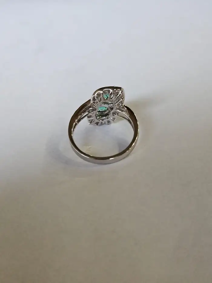 18k White Gold Tapered Baguette Diamonds Engagement Ring - Natural Pear Shape Zambian Emerald Wedding Ring