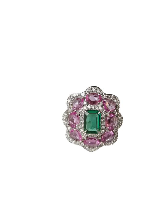 Natural Ceylon Pink Sapphire & Zambian Emerald Gemstone Gold Cocktail Ring - 18k White Gold Diamond Wedding Ring