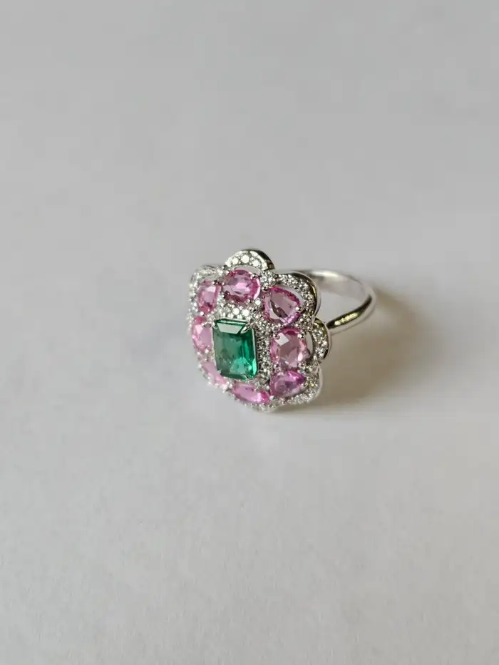 Natural Ceylon Pink Sapphire & Zambian Emerald Gemstone Gold Cocktail Ring - 18k White Gold Diamond Wedding Ring