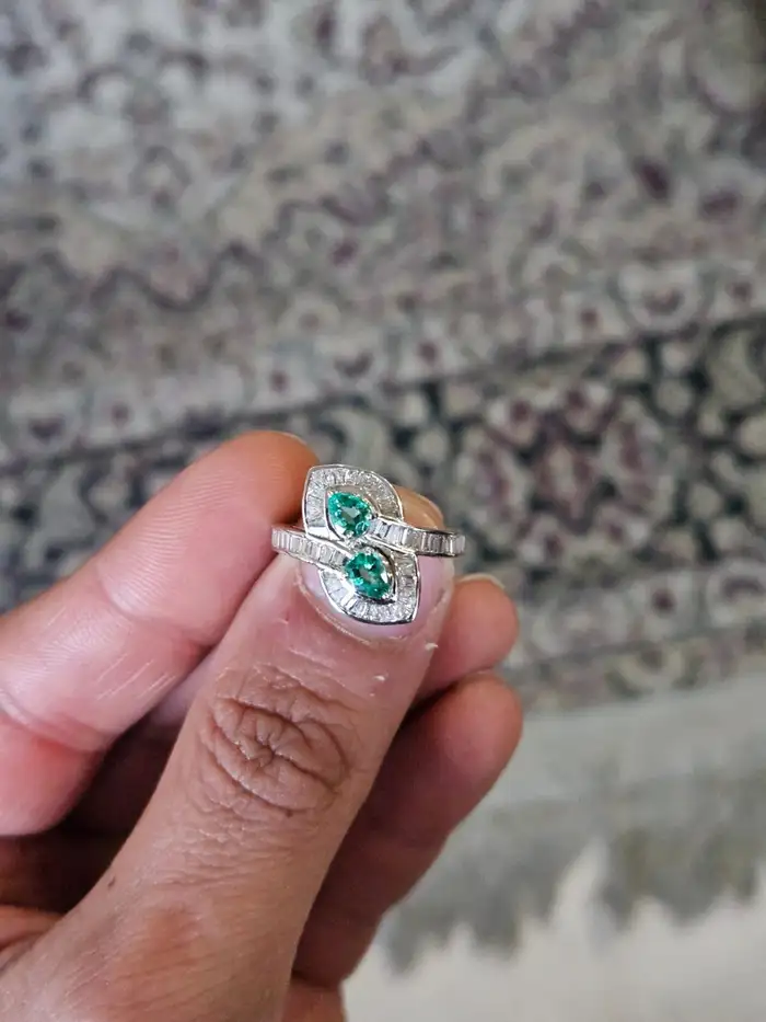 18k White Gold Tapered Baguette Diamonds Engagement Ring - Natural Pear Shape Zambian Emerald Wedding Ring