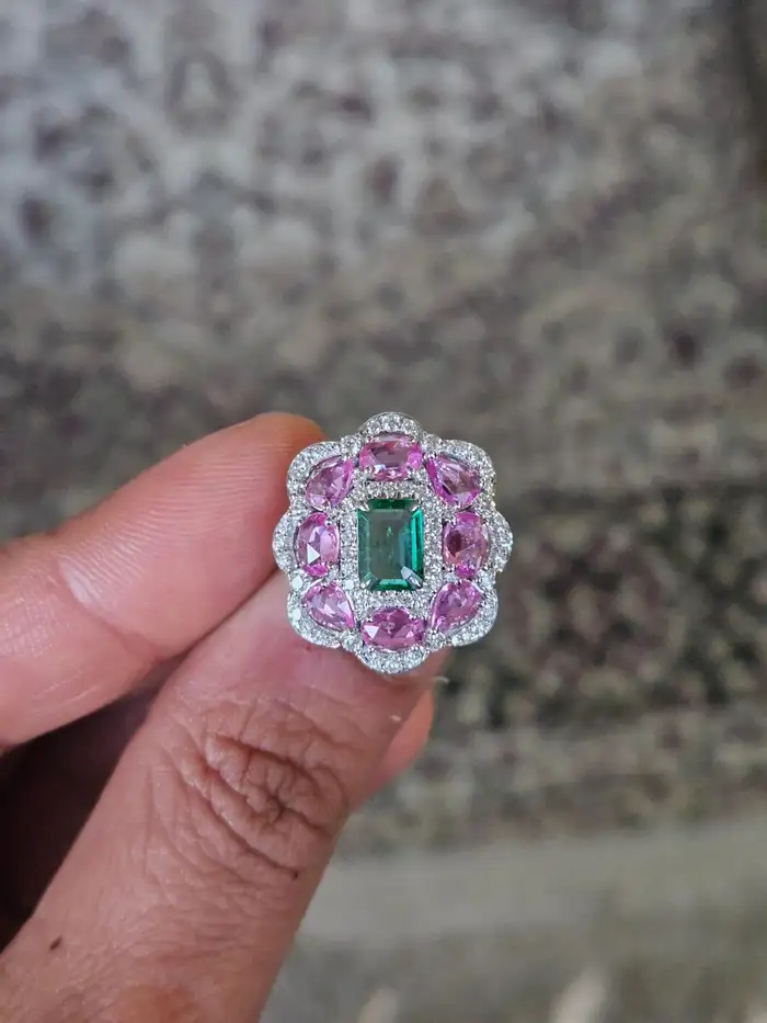 Natural Ceylon Pink Sapphire & Zambian Emerald Gemstone Gold Cocktail Ring - 18k White Gold Diamond Wedding Ring