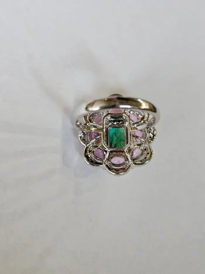 Natural Ceylon Pink Sapphire & Zambian Emerald Gemstone Gold Cocktail Ring - 18k White Gold Diamond Wedding Ring