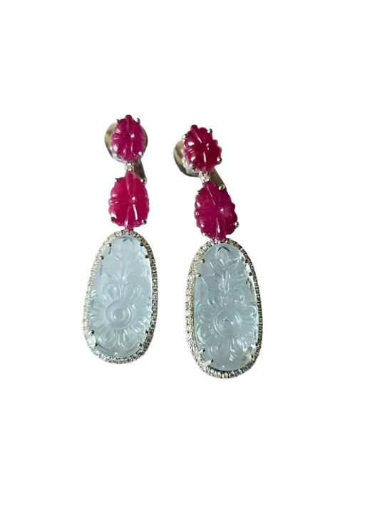 Natural Mozambique Ruby & Aquamarine Gemstone Dangle Earrings - 18k White Gold Diamond Earrings