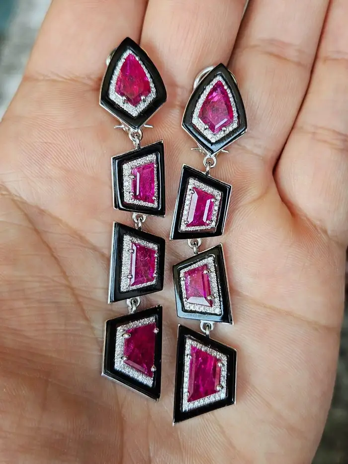 18k White Gold Diamond Dangle Women Earrings - Natural Mozambique Ruby & Black Onyx Statement Earrings