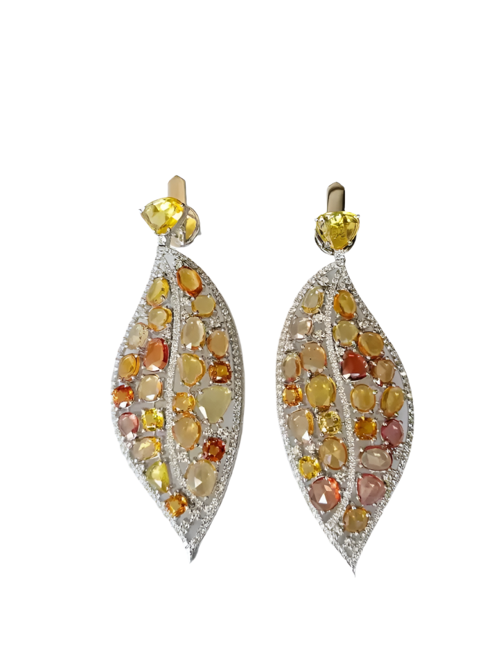 18k White Gold Diamond Dangle Earrings - Natural Yellow Sapphire Gemstone Women Earrings
