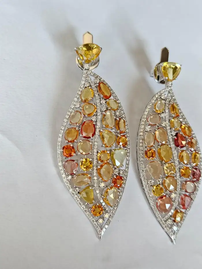 18k White Gold Diamond Dangle Earrings - Natural Yellow Sapphire Gemstone Women Earrings