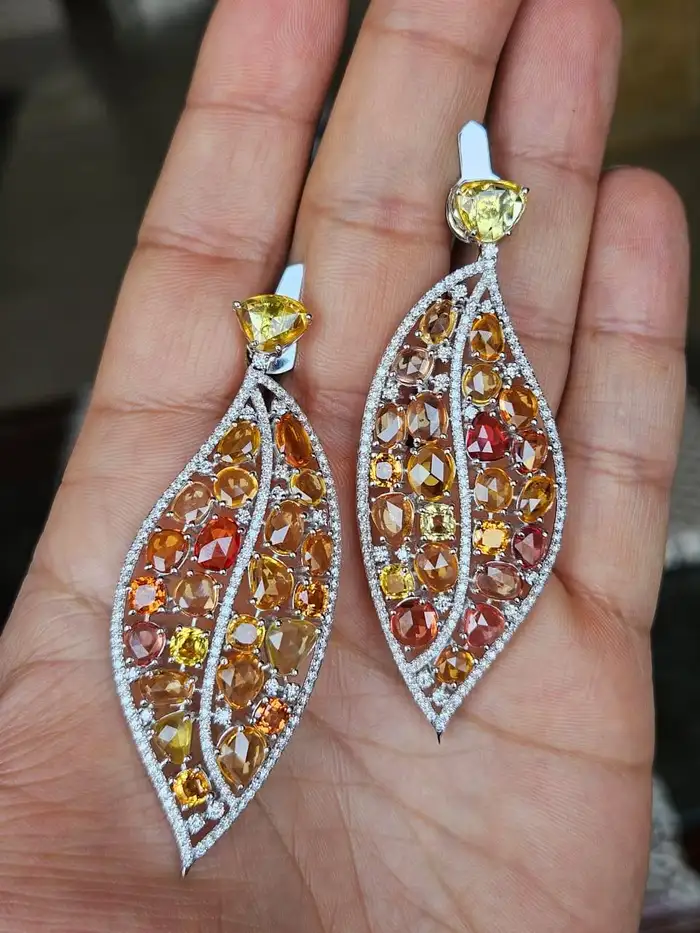 18k White Gold Diamond Dangle Earrings - Natural Yellow Sapphire Gemstone Women Earrings