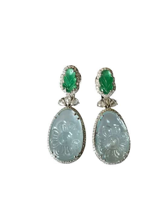 Natural Zambian Emerald & Aquamarine Gemstone Dangle Earrings - 18k White Gold Rose Cut Diamond Earrings