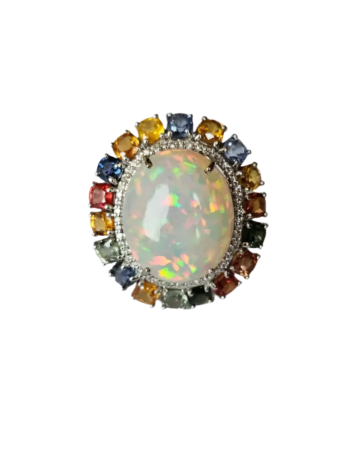 Natural Ethiopian Opal 18k White Gold Statement Ring - Ceylon Multi Sapphire & Diamond Wedding Ring