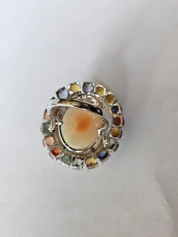 Natural Ethiopian Opal 18k White Gold Statement Ring - Ceylon Multi Sapphire & Diamond Wedding Ring
