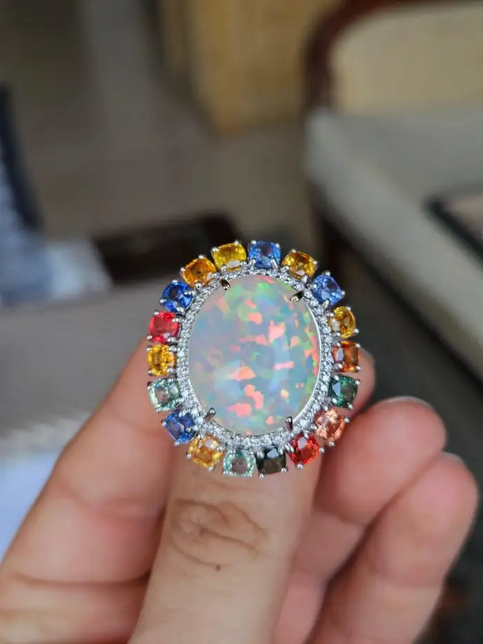 Natural Ethiopian Opal 18k White Gold Statement Ring - Ceylon Multi Sapphire & Diamond Wedding Ring