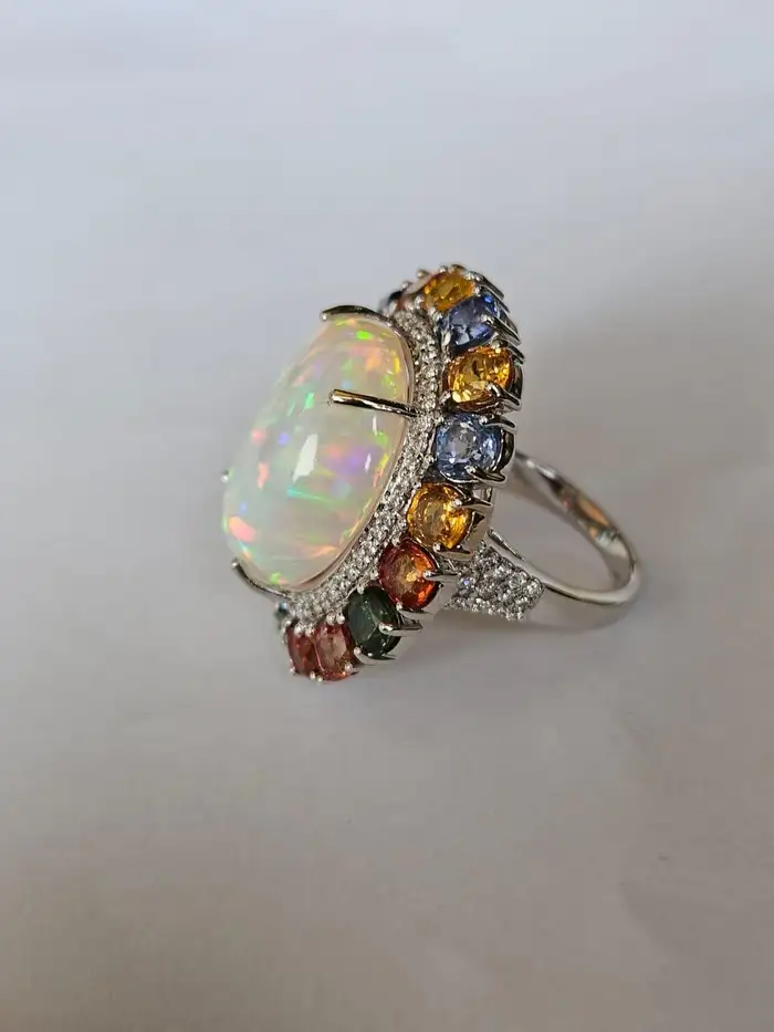Natural Ethiopian Opal 18k White Gold Statement Ring - Ceylon Multi Sapphire & Diamond Wedding Ring
