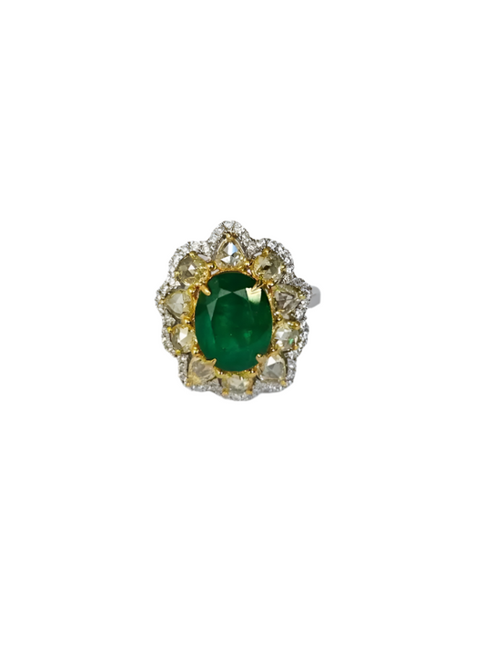 Natural Zambian Emerald Cocktail Ring - Solid 18k White Gold Yellow Diamond Wedding Ring