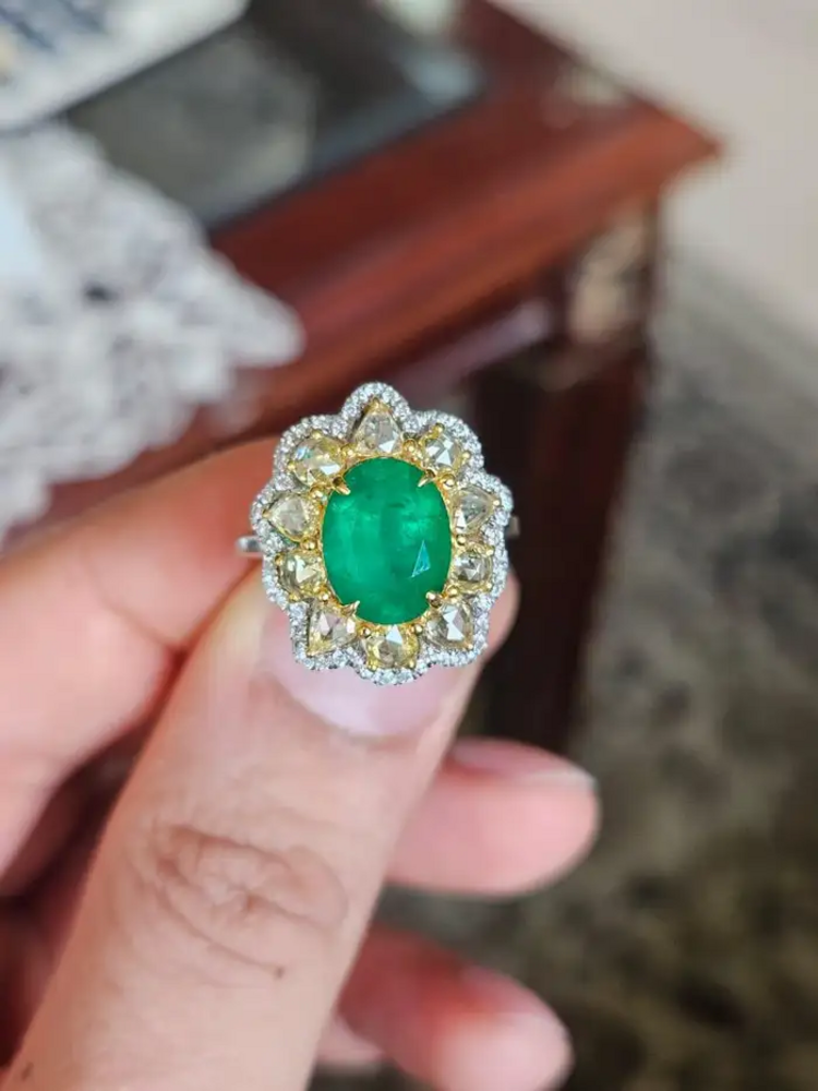 Natural Zambian Emerald Cocktail Ring - Solid 18k White Gold Yellow Diamond Wedding Ring