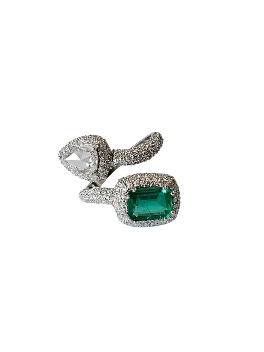 Zambian Emerald & Rose Cut Diamond Ring - 18k White Gold Handmade Wedding Ring