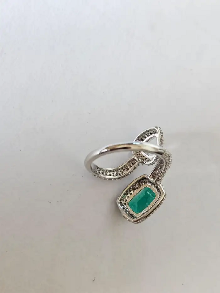 Zambian Emerald & Rose Cut Diamond Ring - 18k White Gold Handmade Wedding Ring