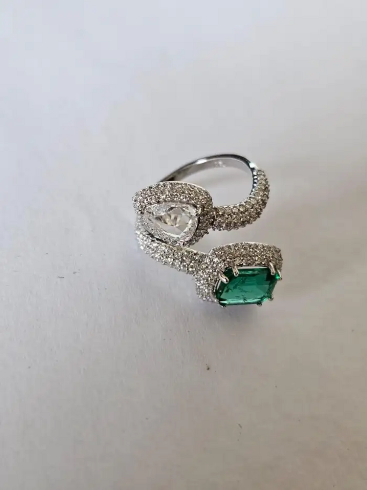 Zambian Emerald & Rose Cut Diamond Ring - 18k White Gold Handmade Wedding Ring