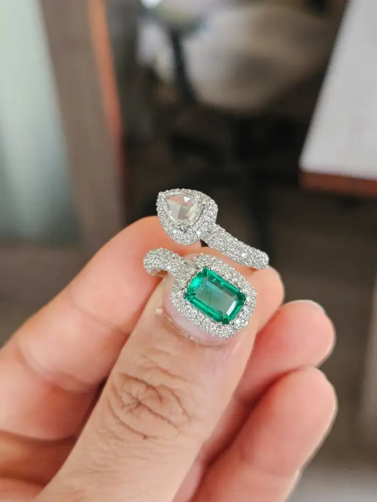 Zambian Emerald & Rose Cut Diamond Ring - 18k White Gold Handmade Wedding Ring