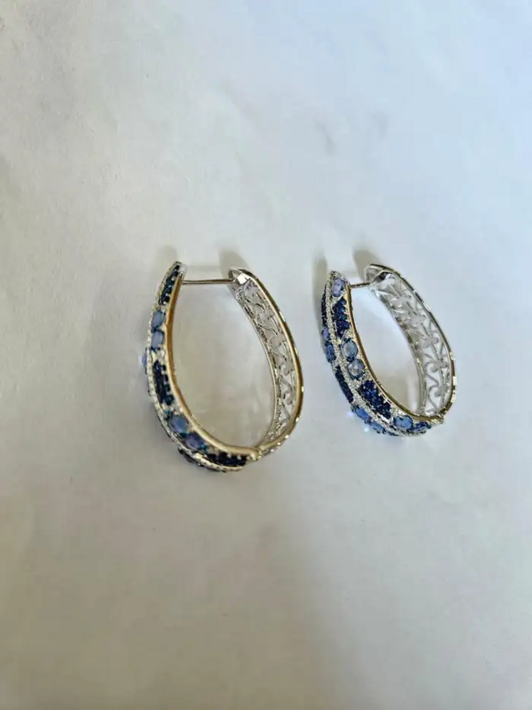 18k White Gold Diamond Hoop Earrings - Natural 5.69 Ct. Blue Sapphire Earrings