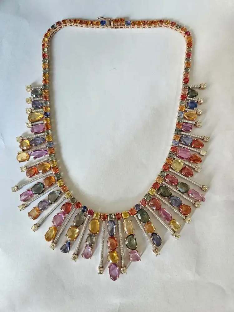 18k Rose Gold Necklace Earrings Set - Natural Multi Sapphire & Diamond Wedding Jewelry