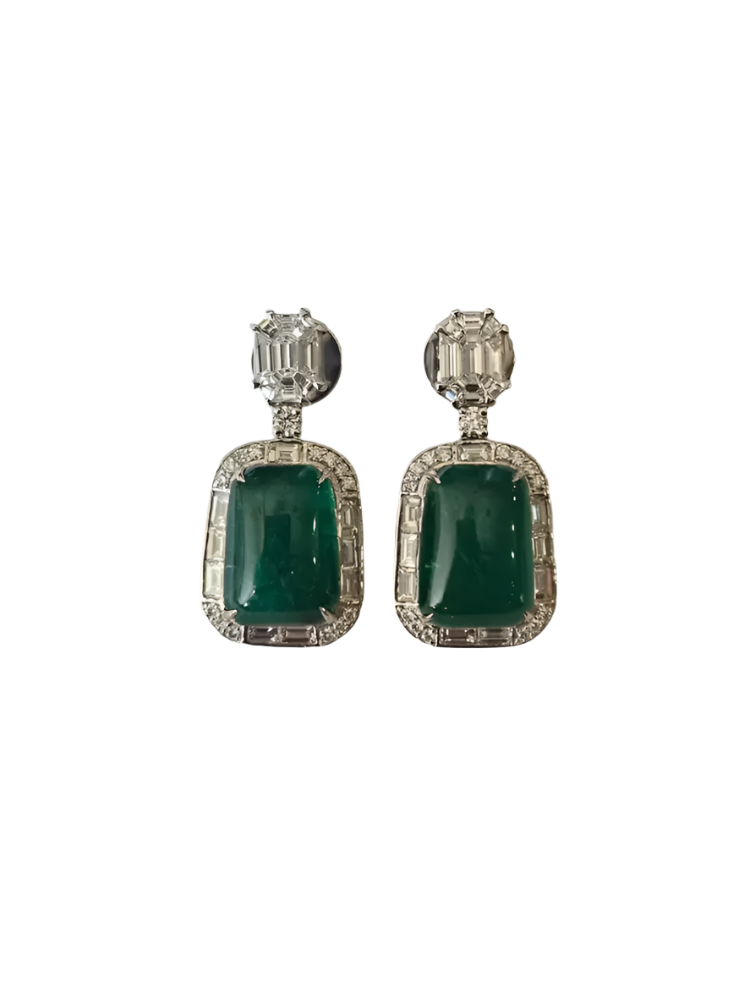 Emerald Cabochons & Diamonds Dangle Earrings - 18k White Gold Handmade Women Earrings