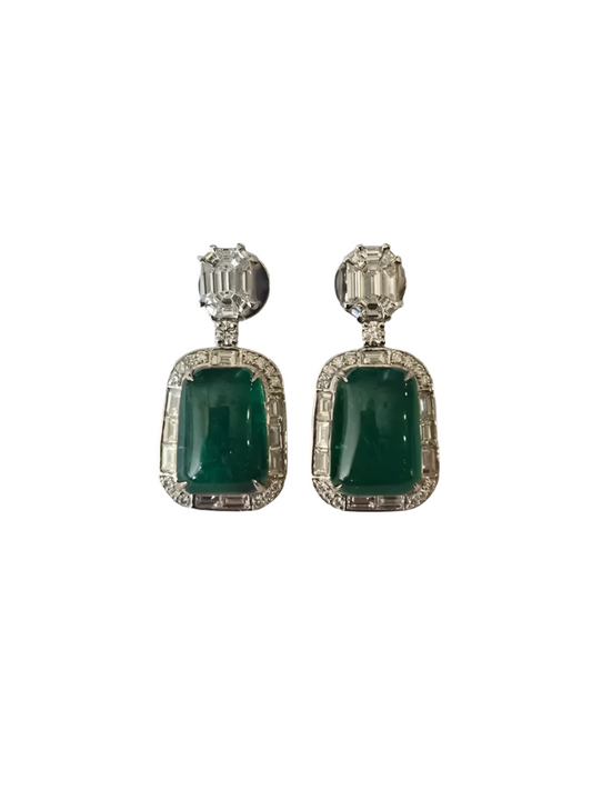 Emerald Cabochons & Diamonds Dangle Earrings - 18k White Gold Handmade Women Earrings