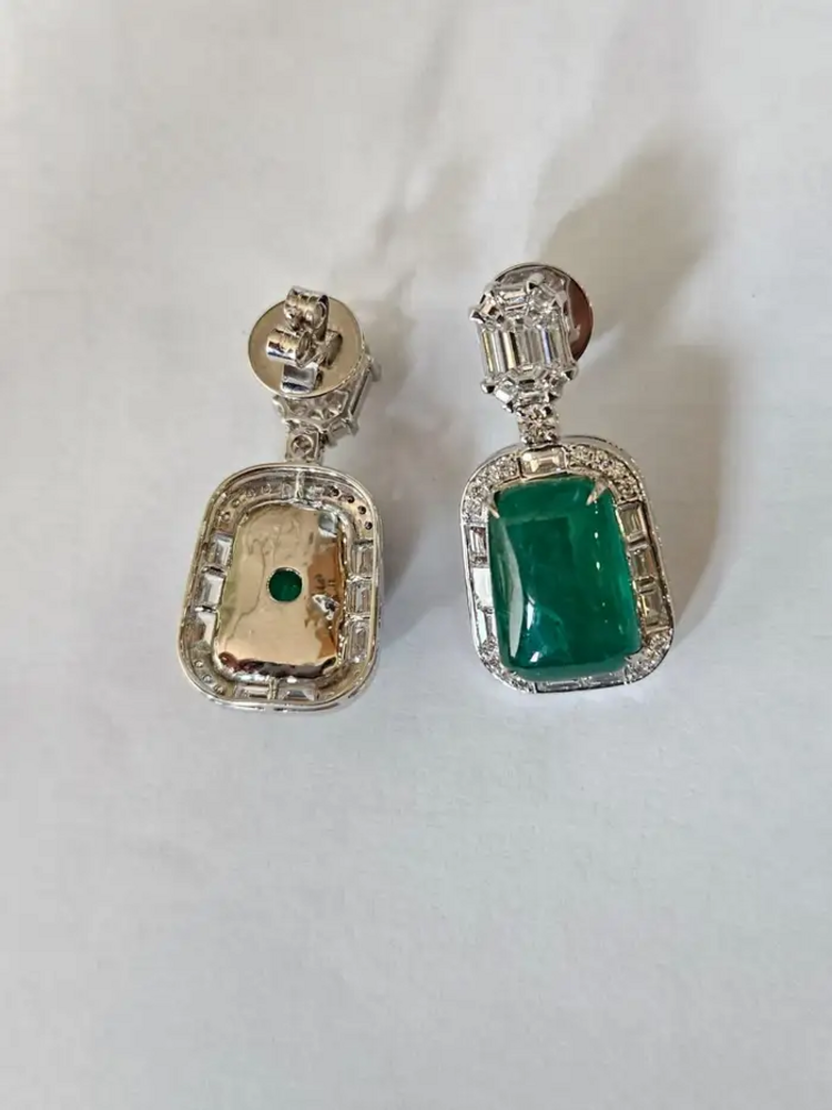 Emerald Cabochons & Diamonds Dangle Earrings - 18k White Gold Handmade Women Earrings
