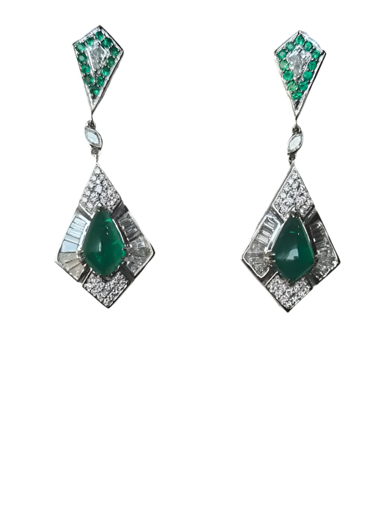 Natural Zambian Emerald Dangle Earrings - 18k White Gold Diamond Handmade Earrings
