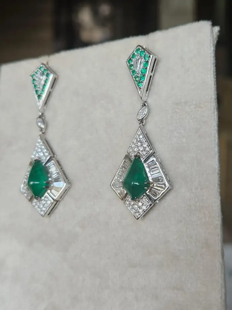 Natural Zambian Emerald Dangle Earrings - 18k White Gold Diamond Handmade Earrings