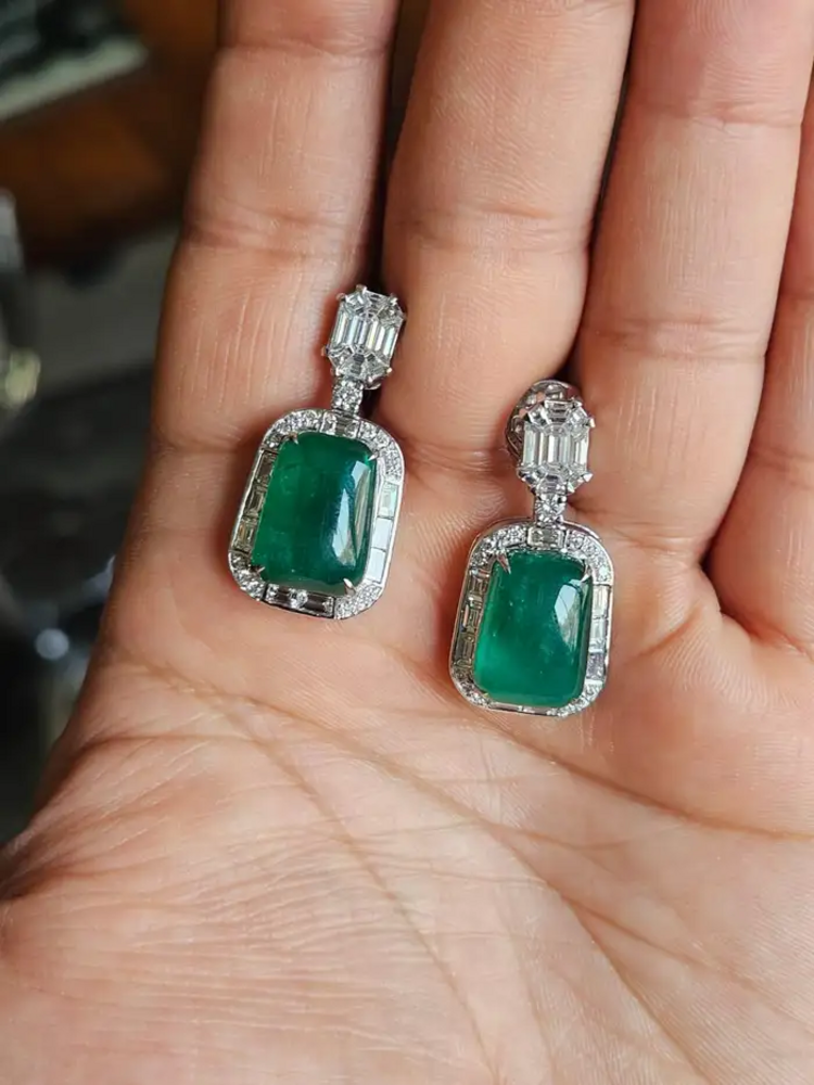 Emerald Cabochons & Diamonds Dangle Earrings - 18k White Gold Handmade Women Earrings