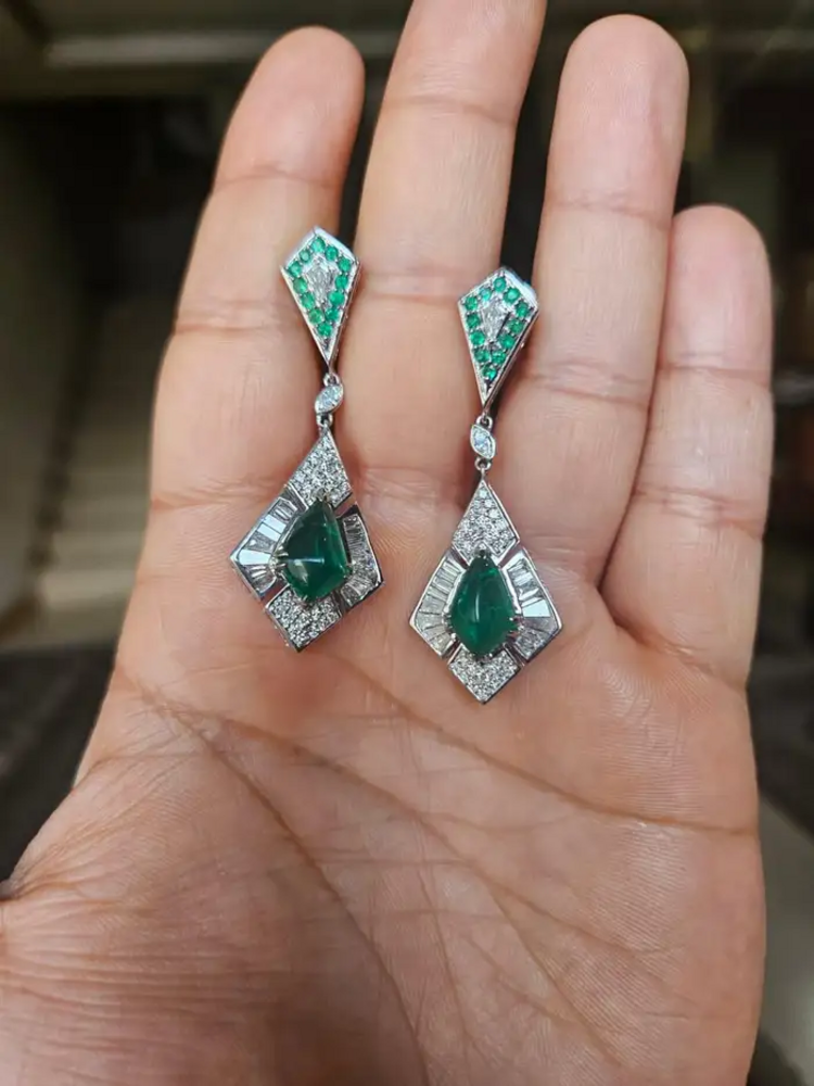 Natural Zambian Emerald Dangle Earrings - 18k White Gold Diamond Handmade Earrings
