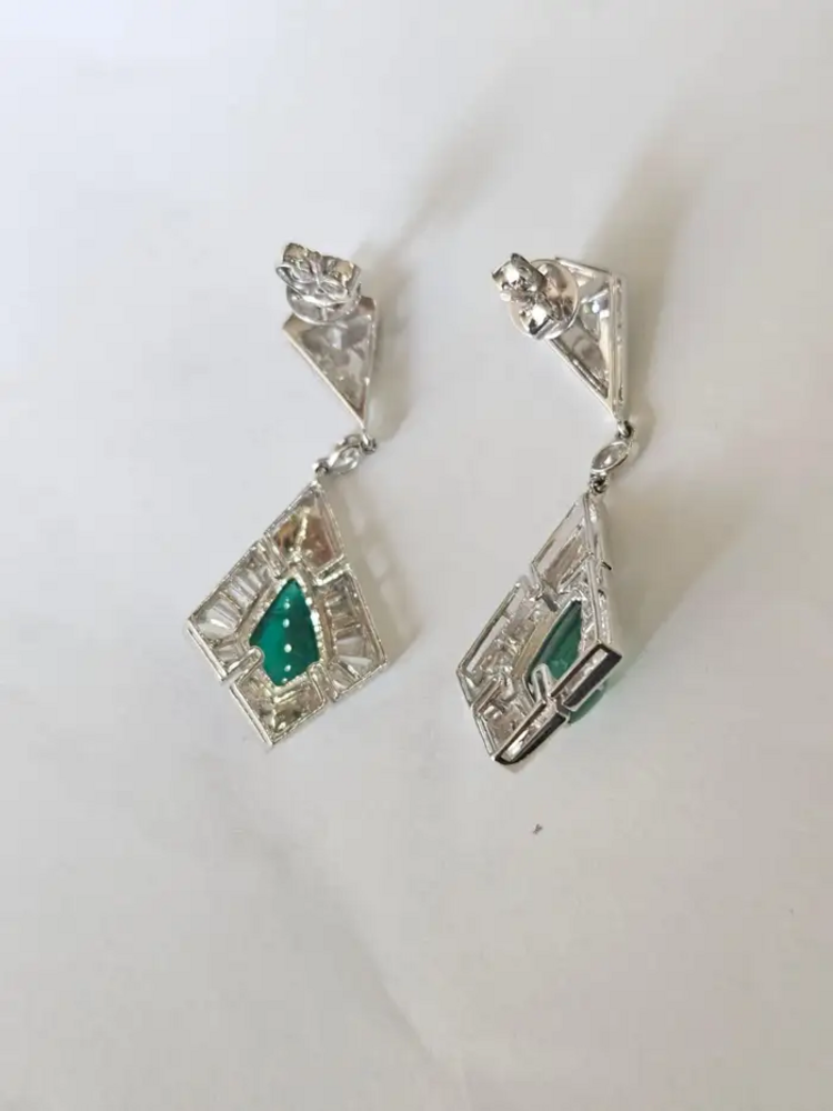 Natural Zambian Emerald Dangle Earrings - 18k White Gold Diamond Handmade Earrings