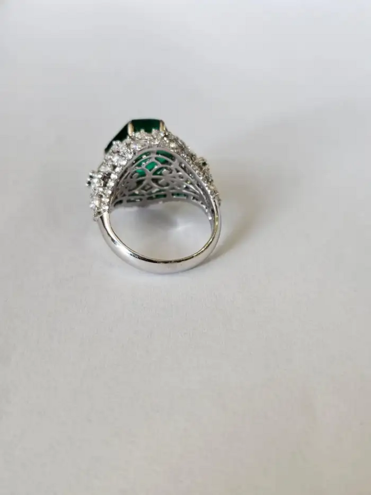 Natural 8.08 Ct. Zambian Emerald Cocktail Ring - 18k White Gold Diamond Wedding Ring