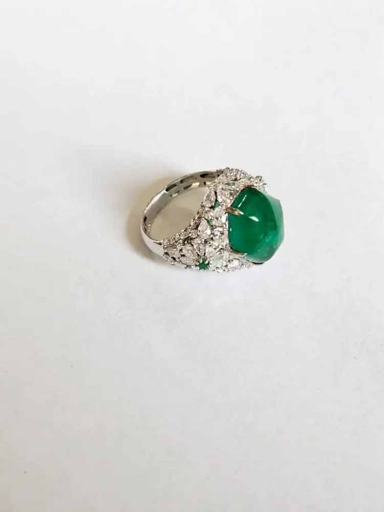 Natural 8.08 Ct. Zambian Emerald Cocktail Ring - 18k White Gold Diamond Wedding Ring